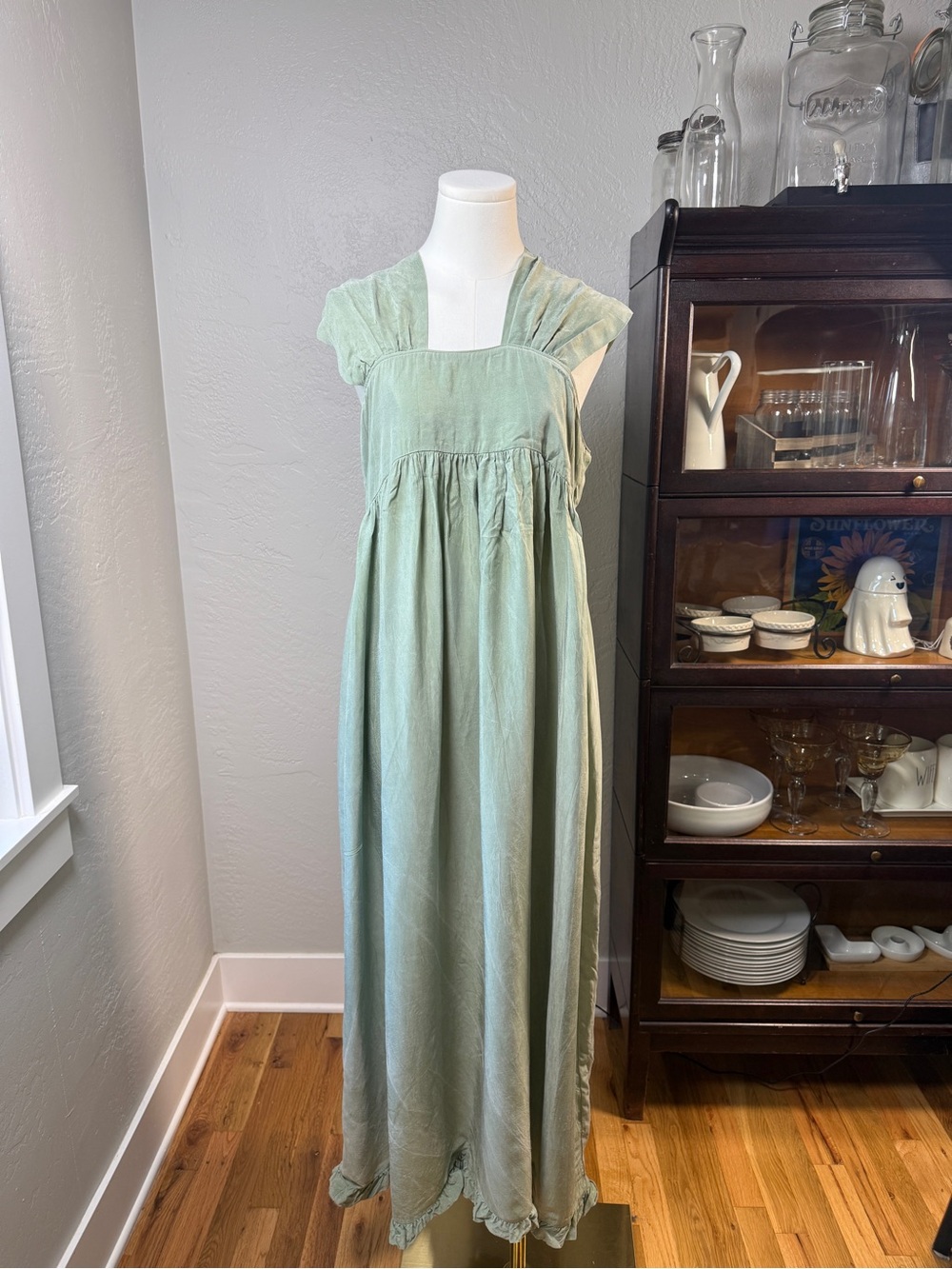 Confluence Sage Green Maxi Dress Empire Waist Ruffle Hem Cottagecore Boho